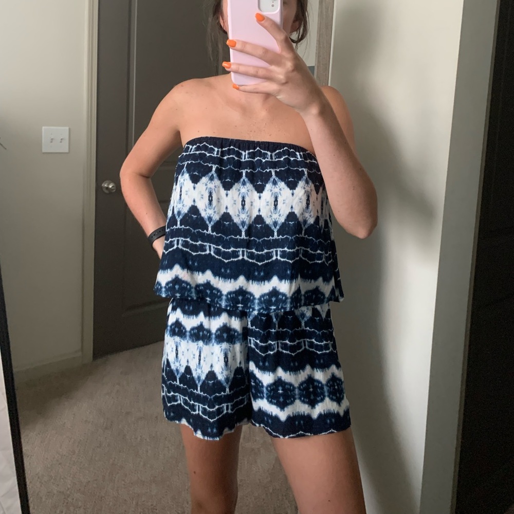Strapless Blue and White Romper